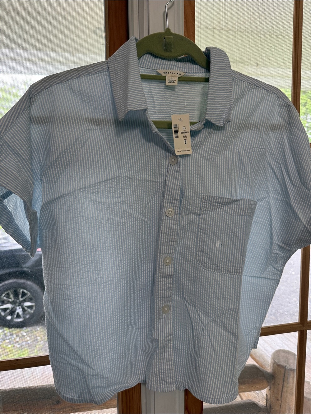 Aeropostale Light Blue & White Striped Short-Sleeve Button-Down Shirt